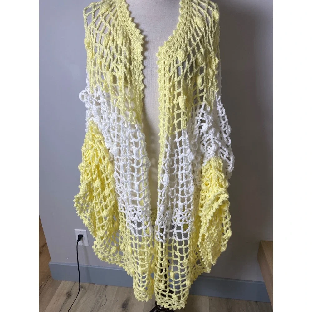 Vintage 60s 70s Crochet Shawl Wrap Yellow White Popcorn Stitch Boho Open Knit